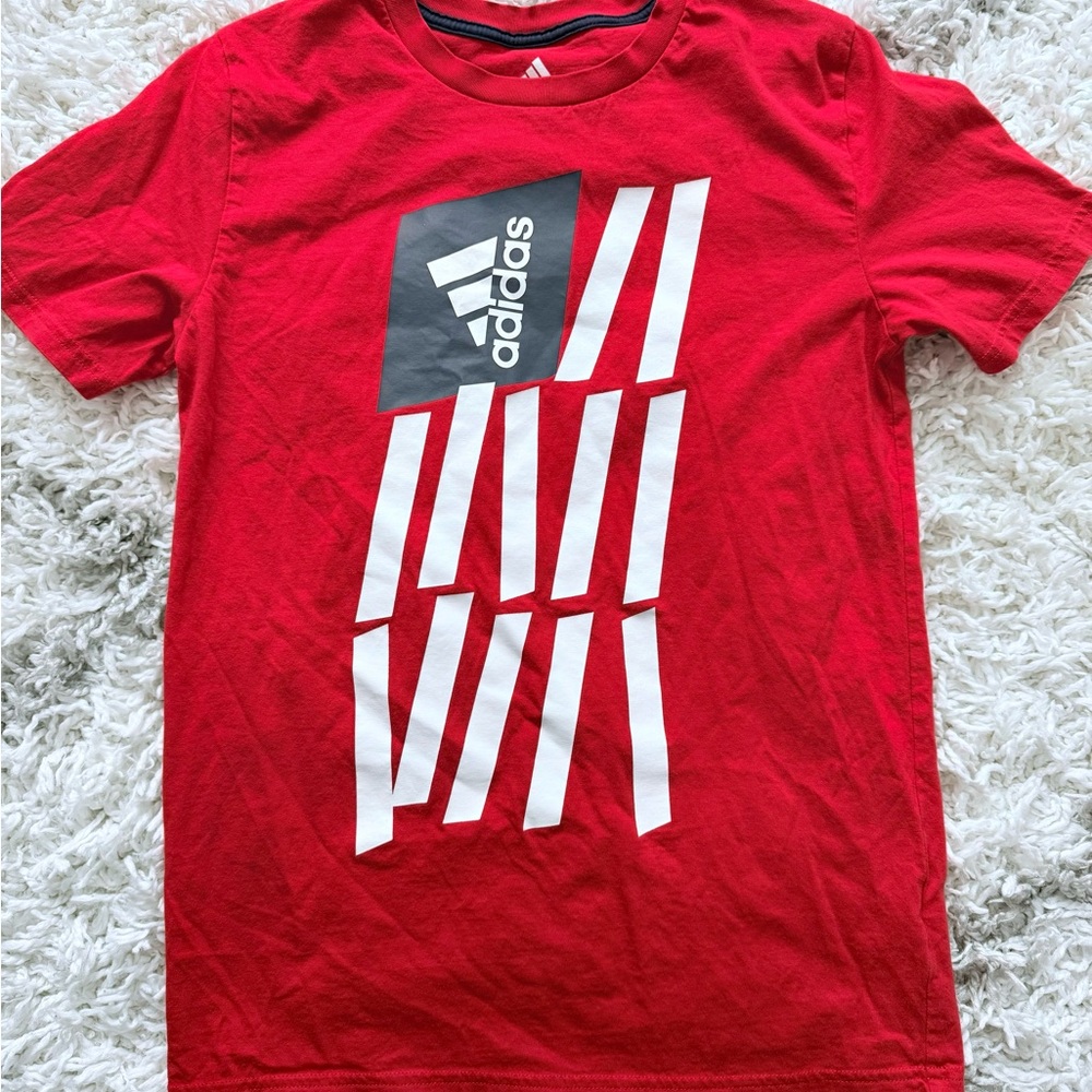 Adidas Red and White Short Sleeve Tee with Flag Design